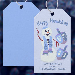 Etiquetas Para Regalos Snowman Dreidels Hanukkah Cute Divertido Azul Y Bl
