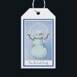 Etiquetas Para Regalos Snowman Merry Christmas<br><div class="desc">Un lindo muñeco de nieve en una ventisca sosteniendo el saludo de tus Navidades. Puede personalizar este diseño con su propio nombre de familia.</div>