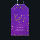 Etiquetas Para Regalos Starry Purple Watercolor 80th Birthday Party<br><div class="desc">Adorna tus regalos de favor con esta elegante etiqueta vertical de regalo de cumpleaños número 80 con un borde de estrellas y las palabras "Ochenta" en oro falso contra un fondo de color morado. Consulte la invitación coincidente y otros elementos como pegatinas y sellos aquí https://www.zazzle.com/collections/elegant_starry_purple_watercolor_celebrations-119469232199993091?rf=238364477188679314 Personalícelo reemplazando el texto...</div>