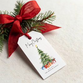 Etiquetas Para Regalos Tarjeta de Navidad de árbol de Navidad con acuarel