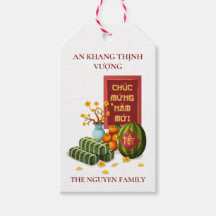 Etiquetas Para Regalos Tét vietnamita Banh Chung Sandía y Hoa Mai