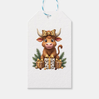 Etiquetas Para Regalos Vaca de las Tierras Altas Lindo Navidad Santa Vaca