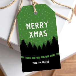 Etiquetas Para Regalos Verde retro Feliz Navidad con bosque y nieve