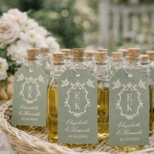 Etiquetas Para Regalos Verde Salvia Floral Dinero Antiguo Monograma Escud