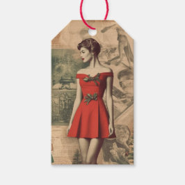 Etiquetas Para Regalos Vintage Christmas Lady in Red Collage Gift Tag