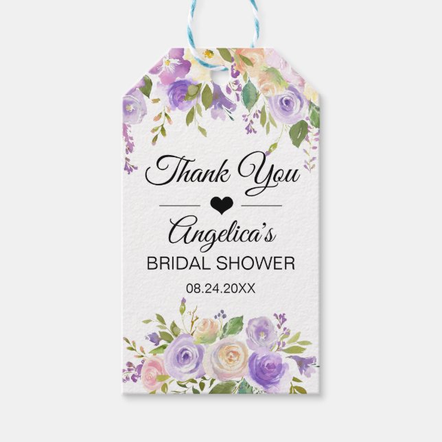 Etiquetas Para Regalos Watercolor Floral Lavanda Purple Bridal Shower (Anverso)