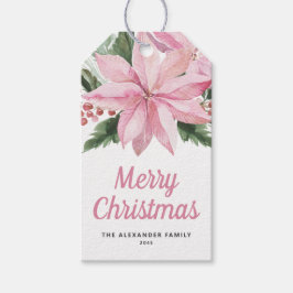 Etiquetas Para Regalos Watercolor Pink Poinsettia and Berries Christmas