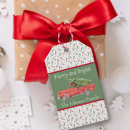 Etiquetas Para Regalos Watercolor Red Farm Truck Holly Merry y Bright