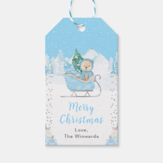 Etiquetas Para Regalos Winter Bear Blue Sleigh Feliz Navidad