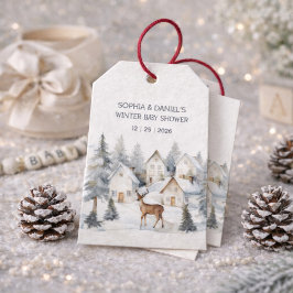 Etiquetas Para Regalos Winter Deer in Village Watercolor Baby Shower