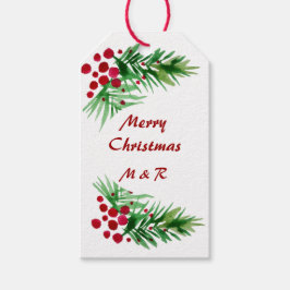 Etiquetas Para Regalos Wreath de color de agua pintada a mano, bayas roja