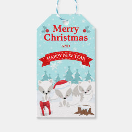 Etiquetas Para Regalos Zorros Árticos de Invierno Escena Nevada Feliz Nav