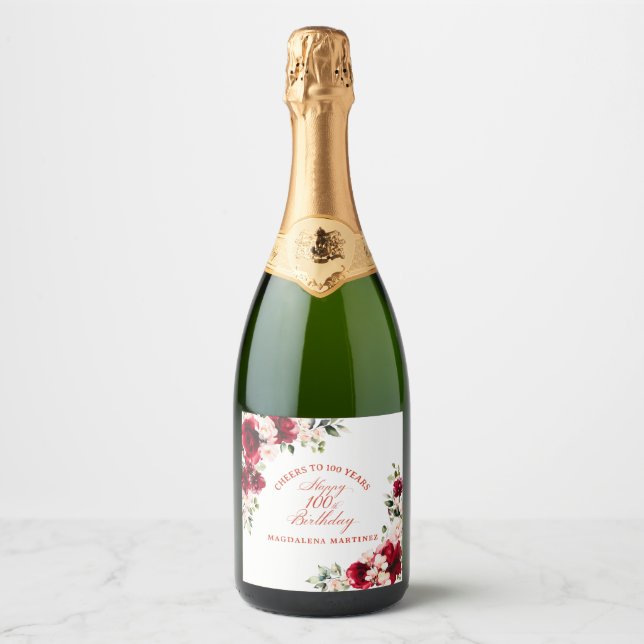 Etiquetas Para Vinos Espumosos 100.ª fiesta de cumpleaños Personalizado Floral Ro (Anverso)