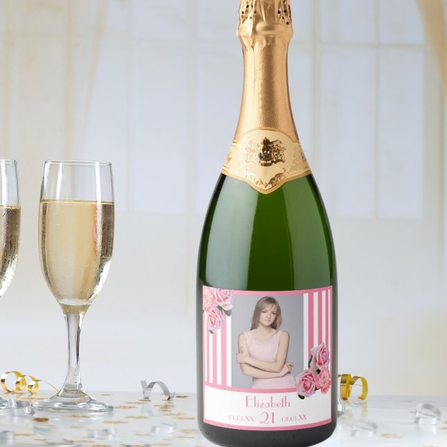 Etiquetas Para Vinos Espumosos 21 años rayas blancas rosadas florales foto (Subido por el creador)