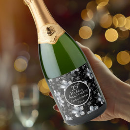 Etiquetas Para Vinos Espumosos 25° Aniversario del Boda Floral Purpurina de Plata