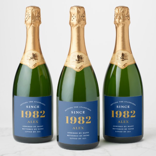 Etiquetas Para Vinos Espumosos 40.º Nacimiento 1982 Moda Blue Gold Elegant (Botellas)