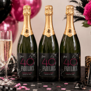Etiquetas Para Vinos Espumosos 40 y fabuloso Cumpleaños Negro Rosa Glam Brillante