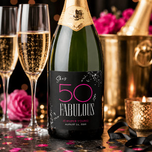 Etiquetas Para Vinos Espumosos 50 y fabuloso Cumpleaños Negro Rosa Glam Brillante