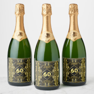 Etiquetas Para Vinos Espumosos 60.º cumpleaños Art Deco Oro Gran Gatsby Negro