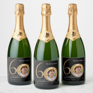 Etiquetas Para Vinos Espumosos 60.º cumpleaños Oro Caligrafía Negra Elegante Foto