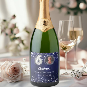 Etiquetas Para Vinos Espumosos 60° cumpleaños estrellas de plata azul marino