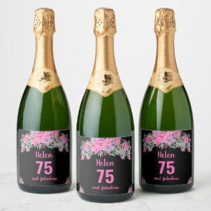 Etiquetas Para Vinos Espumosos 75 años negro rosa floral