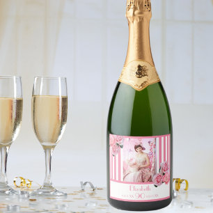 Etiquetas Para Vinos Espumosos 90 años rayas blancas rosadas foto floral