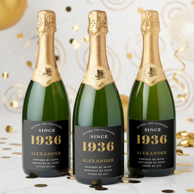 Etiquetas Para Vinos Espumosos 90th Birthday Name 1936 Black Gold Elegant Chic (1936 Sparkling wine label. White background.)