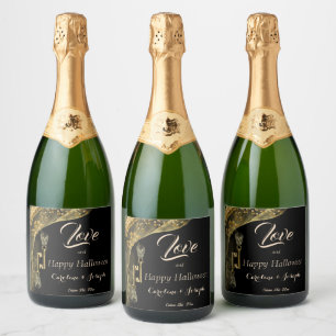 Etiquetas Para Vinos Espumosos Amor y Feliz Halloween Elegante Oro y Calaveras