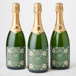Etiquetas Para Vinos Espumosos Aniversario de la floral marfil y del Boda esmeral
