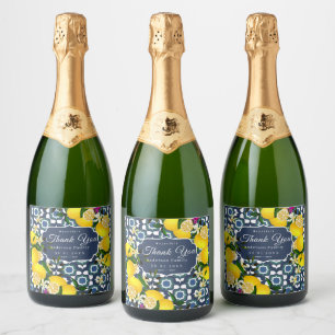 Etiquetas Para Vinos Espumosos Azulejos Mediterráneos de Limón  Azul Marino Blanc