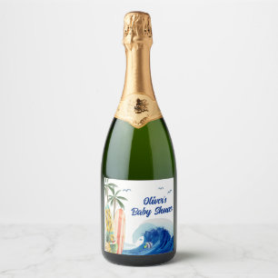 Etiquetas Para Vinos Espumosos Baby Shower moderno Blue Ocean Wave Surfboard