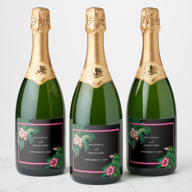 Etiquetas Para Vinos Espumosos Boda Botánico Retro Tropical Neón Rosa (Botellas)