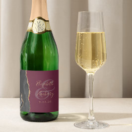 Etiquetas Para Vinos Espumosos Boda Burgundy Moderno de Ágata de Oro Negro