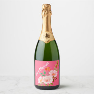 Etiquetas Para Vinos Espumosos Boda con Acuarela Floral Naranja Rosa