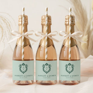 Etiquetas Para Vinos Espumosos Boda con Escudo Ornate Vintage Verde