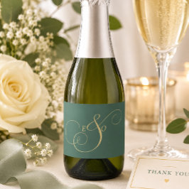 Etiquetas Para Vinos Espumosos Boda con Monograma de Oro Verde Esmeralda del Bosq