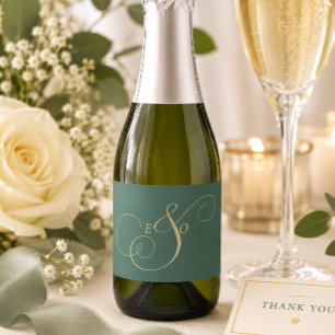 Etiquetas Para Vinos Espumosos Boda con Monograma de Oro Verde Esmeralda del Bosq