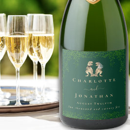 Etiquetas Para Vinos Espumosos Boda con tema de dinosaurios verde oscuro