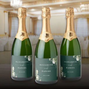 Etiquetas Para Vinos Espumosos Boda de Flor Verde Esmeralda Elegante