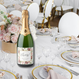 Etiquetas Para Vinos Espumosos Boda de flores rosadas malva con marco dorado Chee