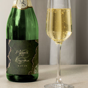 Etiquetas Para Vinos Espumosos Boda de guión dorado de ágata verde oliva