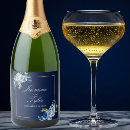 Etiquetas Para Vinos Espumosos Boda de la noche elegante de la floral de oro azul