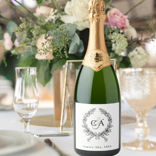 Etiquetas Para Vinos Espumosos Boda de las iniciales en monograma blanco negro
