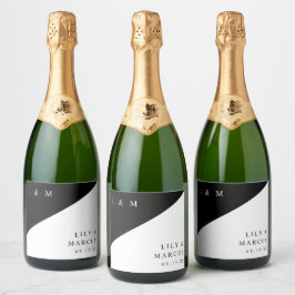 Etiquetas Para Vinos Espumosos Boda De Monograma Elegante Moderno En Blanco Y Neg