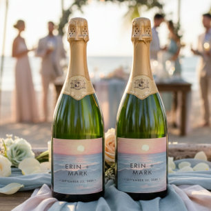 Etiquetas Para Vinos Espumosos Boda de playa con acuarela de puesta de sol en el