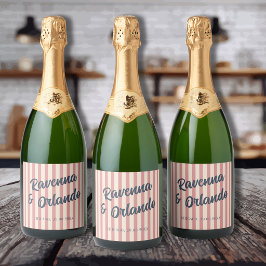Etiquetas Para Vinos Espumosos Boda de rayas rosadas y azul marino retro