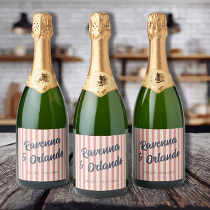 Etiquetas Para Vinos Espumosos Boda de rayas rosadas y azul marino retro