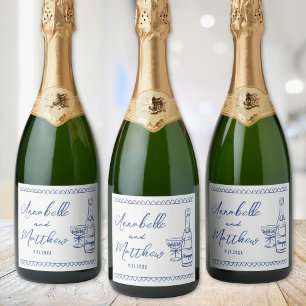 Etiquetas Para Vinos Espumosos Boda Dibujada a Mano Champán Azul