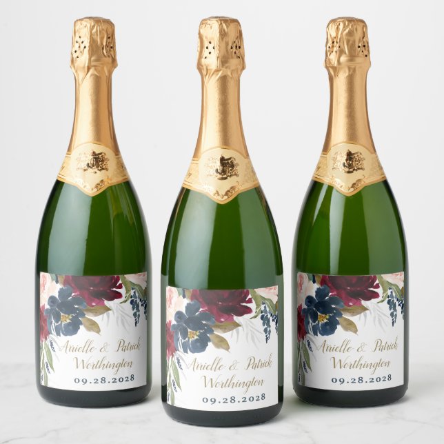 Etiquetas Para Vinos Espumosos Boda dorado rosado Rubor Blue Burgundy de la Marin (Botellas)